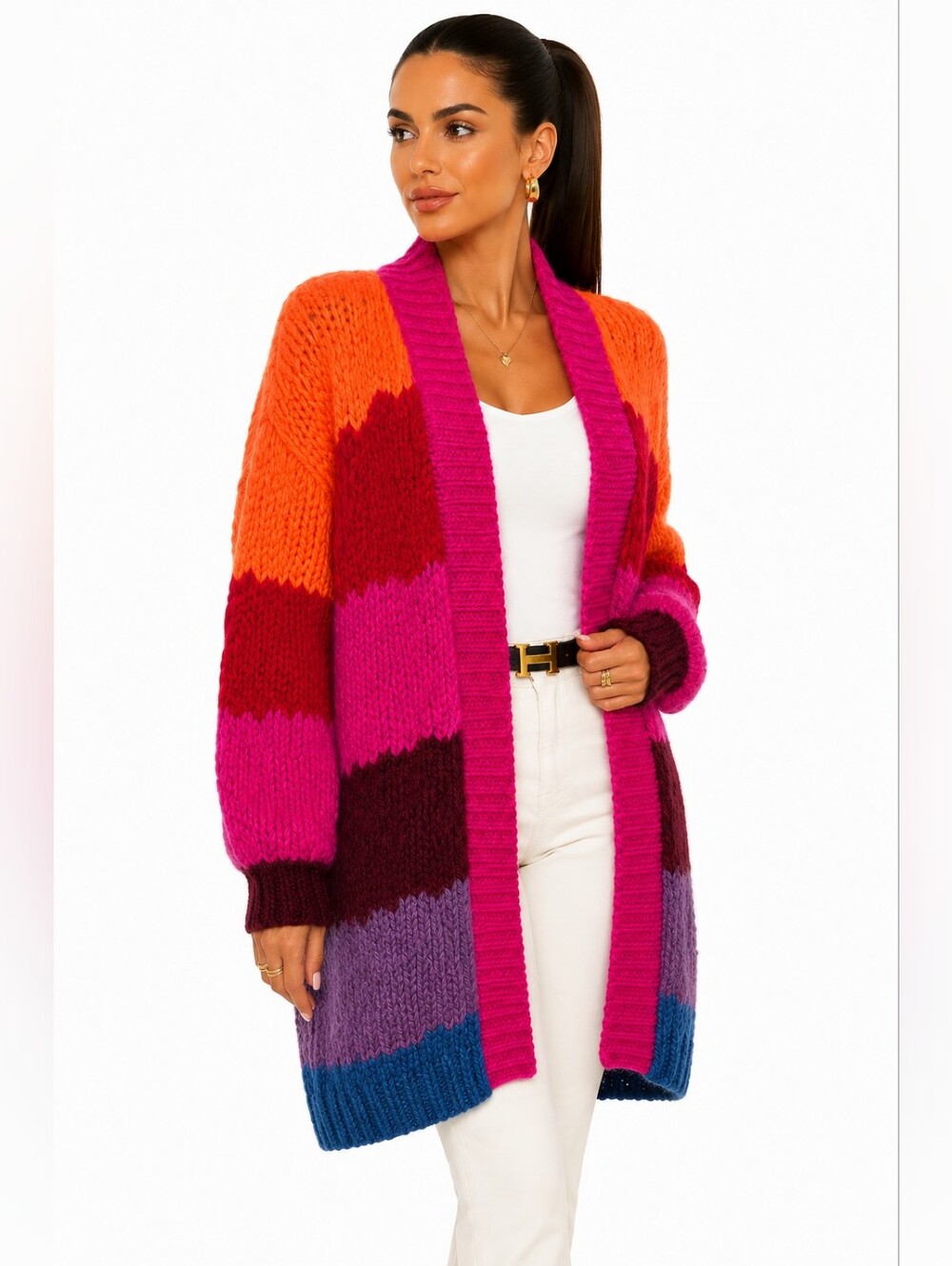 FARM Rio Long Chunky Knit Colorblock Cardigan Sweater Pink Orange Blue Size S